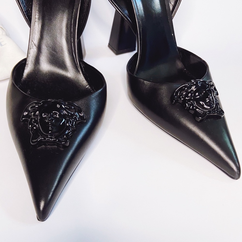 Versace Black Slingback Pointed Toe Heels with Medusa Chain - Picture 3 of 17